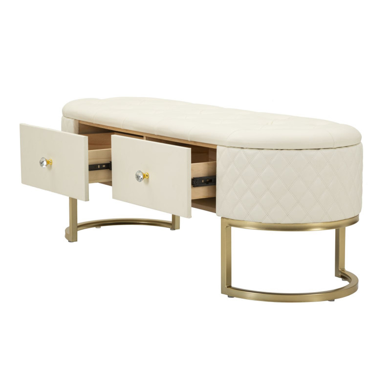 Banquette bout de lit moderne chic 2 tiroirs en Polyuréthane Blanc Matelassé Bois MDF Métal Doré Shanon 