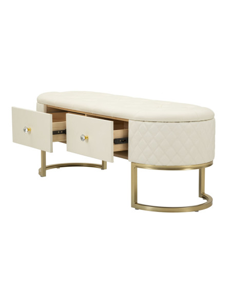Banquette bout de lit moderne chic 2 tiroirs en Polyuréthane Blanc Matelassé Bois MDF Métal Doré Shanon 