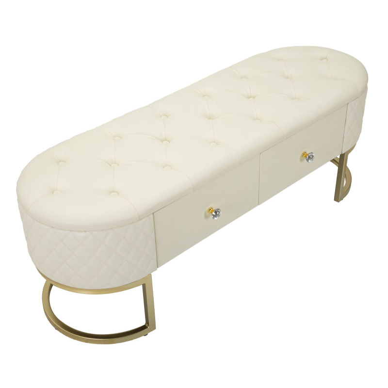 Banquette bout de lit moderne chic 2 tiroirs en Polyuréthane Blanc Matelassé Bois MDF Métal Doré Shanon 