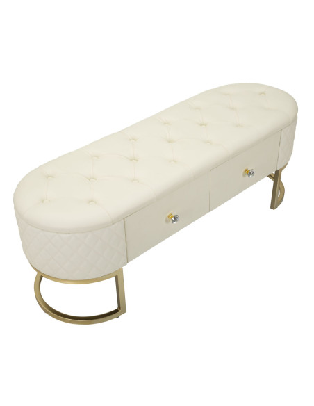 Banquette bout de lit moderne chic 2 tiroirs en Polyuréthane Blanc Matelassé Bois MDF Métal Doré Shanon 