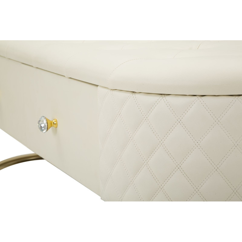 Banquette bout de lit moderne chic 2 tiroirs en Polyuréthane Blanc Matelassé Bois MDF Métal Doré Shanon 