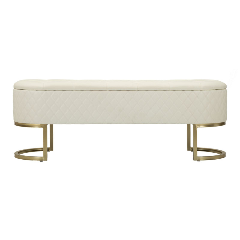 Banquette bout de lit moderne chic 2 tiroirs en Polyuréthane Blanc Matelassé Bois MDF Métal Doré Shanon 