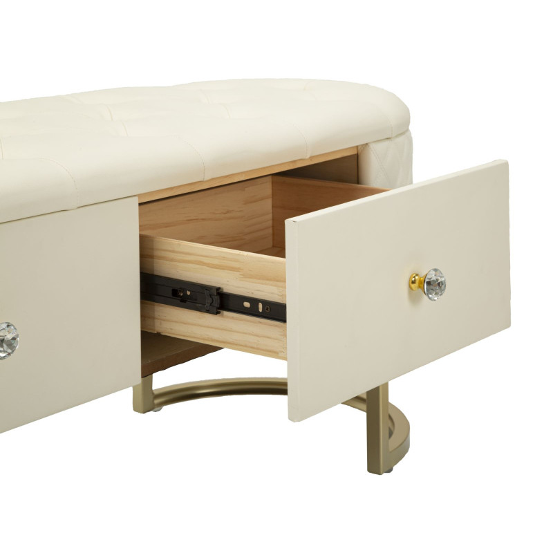 Banquette bout de lit moderne chic 2 tiroirs en Polyuréthane Blanc Matelassé Bois MDF Métal Doré Shanon 