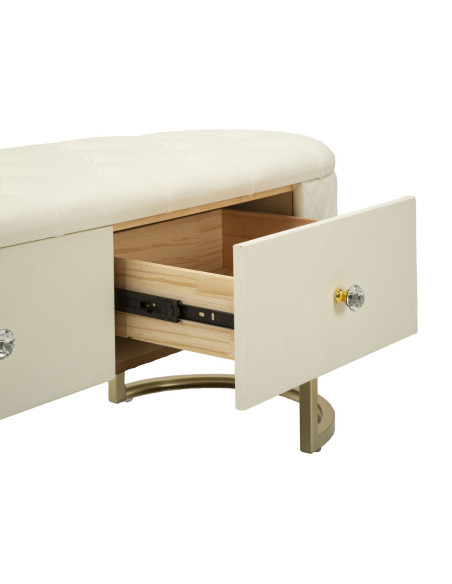 Banquette bout de lit moderne chic 2 tiroirs en Polyuréthane Blanc Matelassé Bois MDF Métal Doré Shanon 