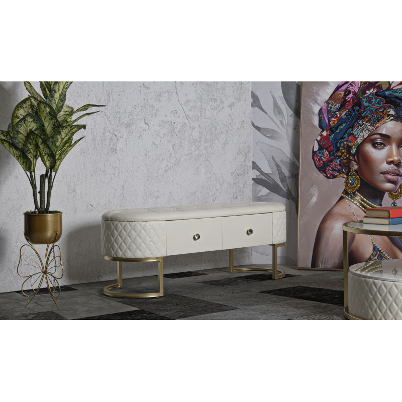 Banquette bout de lit moderne chic 2 tiroirs en Polyuréthane Blanc Matelassé Bois MDF Métal Doré Shanon 