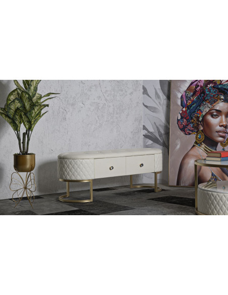 Banquette bout de lit moderne chic 2 tiroirs en Polyuréthane Blanc Matelassé Bois MDF Métal Doré Shanon 
