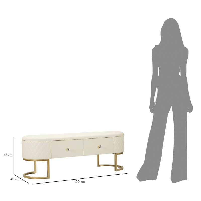 Banquette bout de lit moderne chic 2 tiroirs en Polyuréthane Blanc Matelassé Bois MDF Métal Doré Shanon 