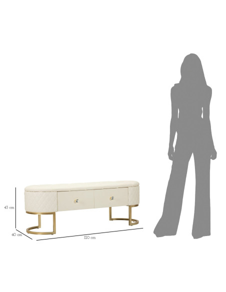 Banquette bout de lit moderne chic 2 tiroirs en Polyuréthane Blanc Matelassé Bois MDF Métal Doré Shanon 