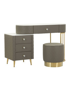 Coiffeuse moderne avec tabouret 4 tiroirs en Polyuréthane Gris Matelassé Bois MDF Métal Doré Sharon 