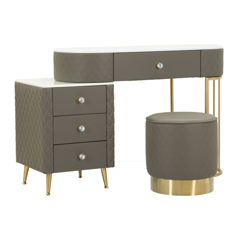 Coiffeuse moderne avec tabouret 4 tiroirs en Polyuréthane Gris Matelassé Bois MDF Métal Doré Sharon 