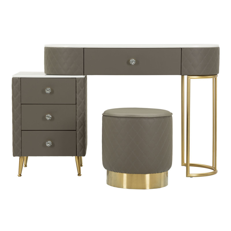 Coiffeuse moderne avec tabouret 4 tiroirs en Polyuréthane Gris Matelassé Bois MDF Métal Doré Sharon 
