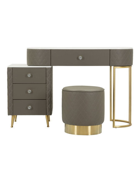 Coiffeuse moderne avec tabouret 4 tiroirs en Polyuréthane Gris Matelassé Bois MDF Métal Doré Sharon 