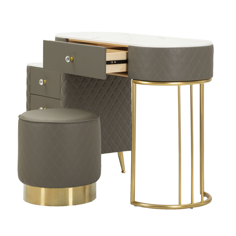 Coiffeuse moderne avec tabouret 4 tiroirs en Polyuréthane Gris Matelassé Bois MDF Métal Doré Sharon 