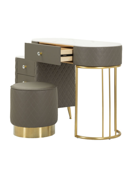 Coiffeuse moderne avec tabouret 4 tiroirs en Polyuréthane Gris Matelassé Bois MDF Métal Doré Sharon 
