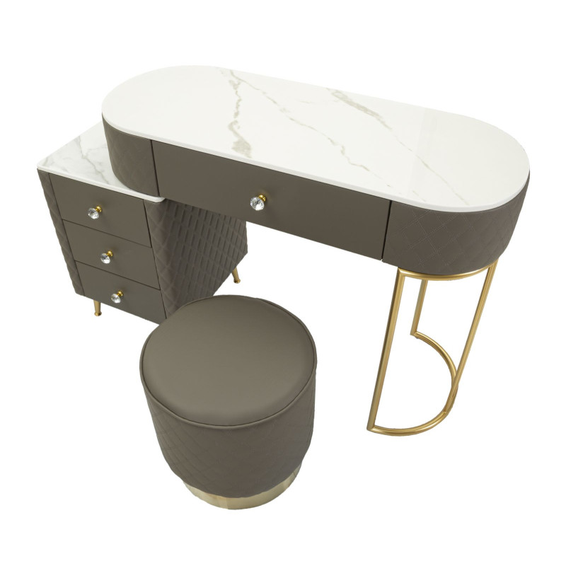 Coiffeuse moderne avec tabouret 4 tiroirs en Polyuréthane Gris Matelassé Bois MDF Métal Doré Sharon 