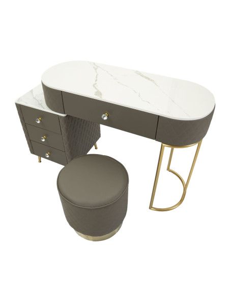Coiffeuse moderne avec tabouret 4 tiroirs en Polyuréthane Gris Matelassé Bois MDF Métal Doré Sharon 