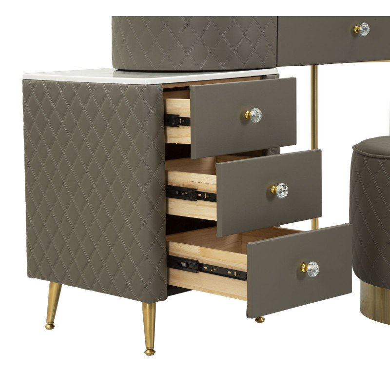 Coiffeuse moderne avec tabouret 4 tiroirs en Polyuréthane Gris Matelassé Bois MDF Métal Doré Sharon 