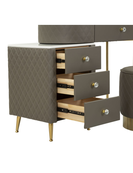 Coiffeuse moderne avec tabouret 4 tiroirs en Polyuréthane Gris Matelassé Bois MDF Métal Doré Sharon 