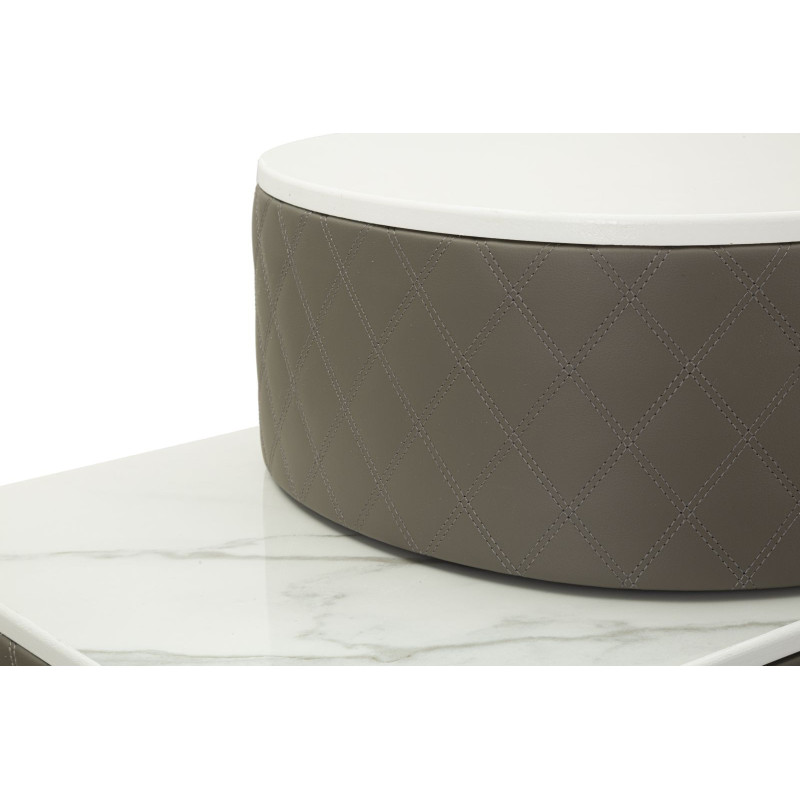 Coiffeuse moderne avec tabouret 4 tiroirs en Polyuréthane Gris Matelassé Bois MDF Métal Doré Sharon 