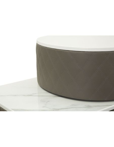 Coiffeuse moderne avec tabouret 4 tiroirs en Polyuréthane Gris Matelassé Bois MDF Métal Doré Sharon 