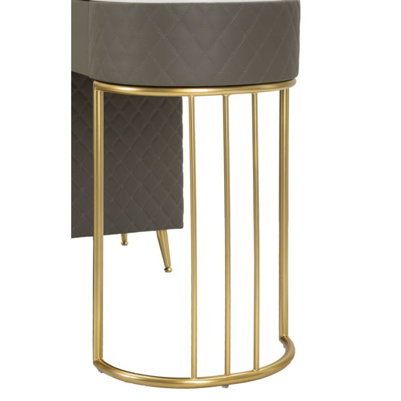 Coiffeuse moderne avec tabouret 4 tiroirs en Polyuréthane Gris Matelassé Bois MDF Métal Doré Sharon 