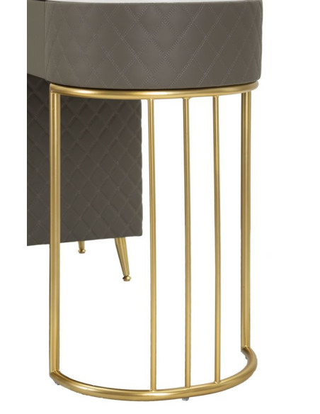 Coiffeuse moderne avec tabouret 4 tiroirs en Polyuréthane Gris Matelassé Bois MDF Métal Doré Sharon 