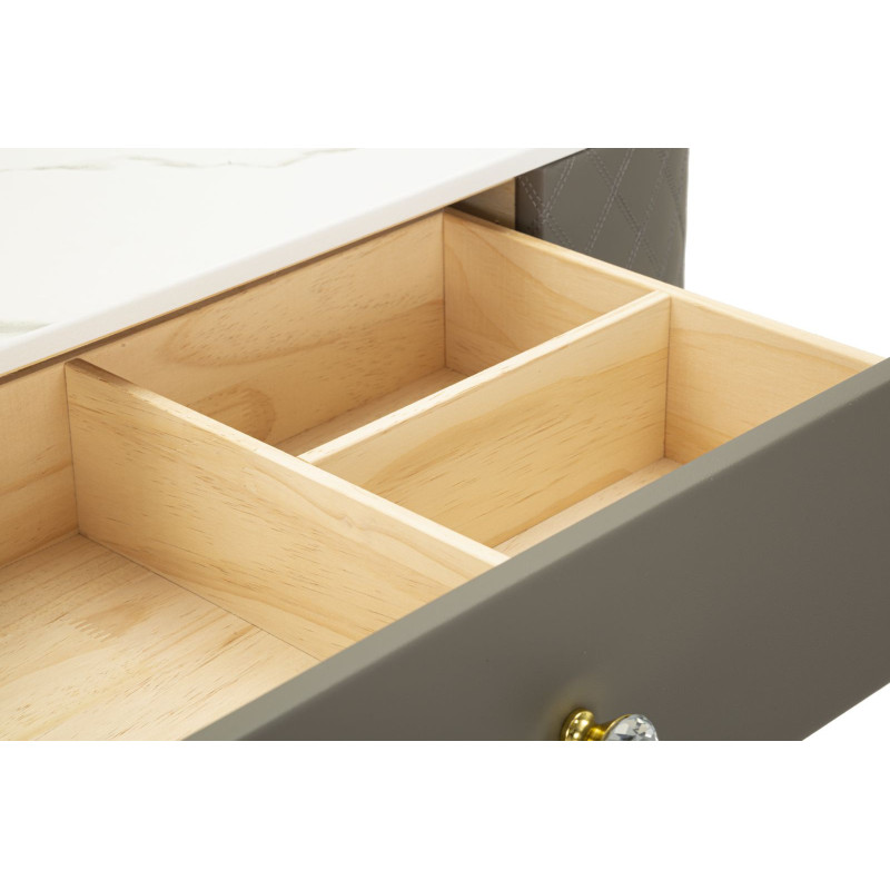 Coiffeuse moderne avec tabouret 4 tiroirs en Polyuréthane Gris Matelassé Bois MDF Métal Doré Sharon 