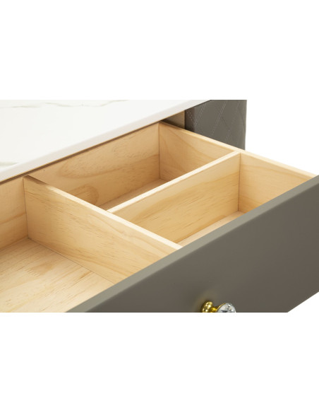 Coiffeuse moderne avec tabouret 4 tiroirs en Polyuréthane Gris Matelassé Bois MDF Métal Doré Sharon 