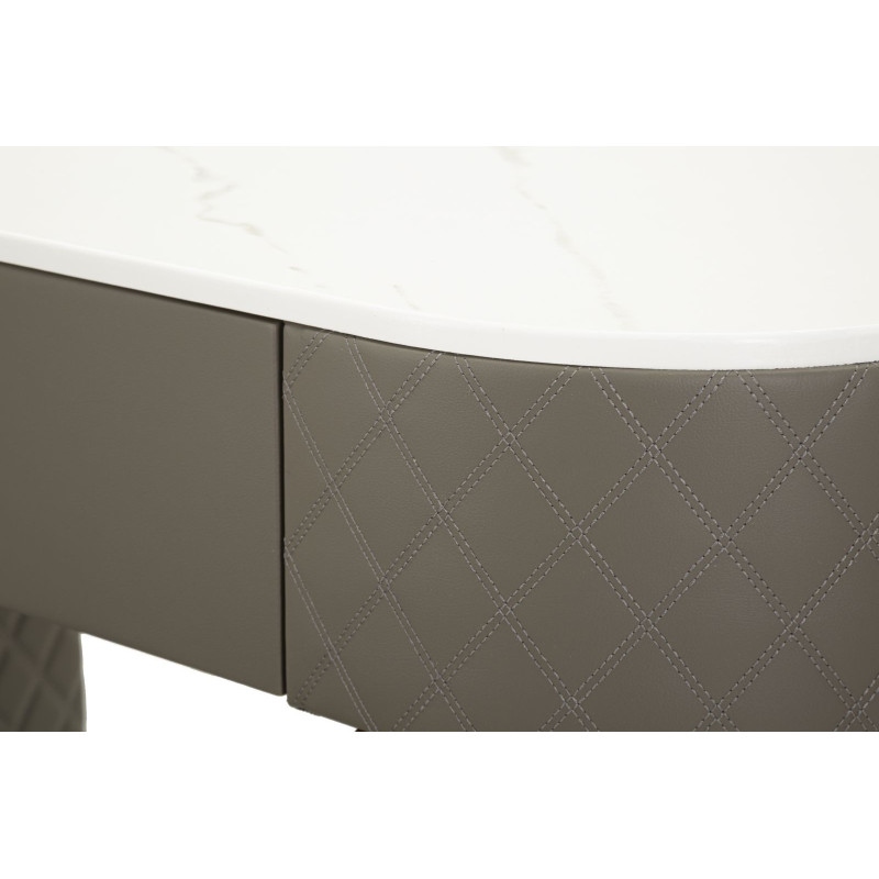 Coiffeuse moderne avec tabouret 4 tiroirs en Polyuréthane Gris Matelassé Bois MDF Métal Doré Sharon 