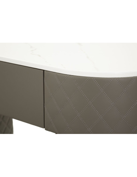 Coiffeuse moderne avec tabouret 4 tiroirs en Polyuréthane Gris Matelassé Bois MDF Métal Doré Sharon 