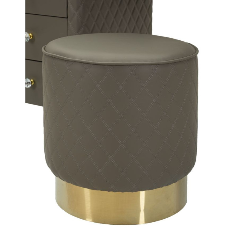 Coiffeuse moderne avec tabouret 4 tiroirs en Polyuréthane Gris Matelassé Bois MDF Métal Doré Sharon 