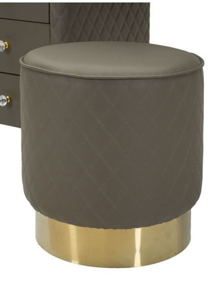 Coiffeuse moderne avec tabouret 4 tiroirs en Polyuréthane Gris Matelassé Bois MDF Métal Doré Sharon 