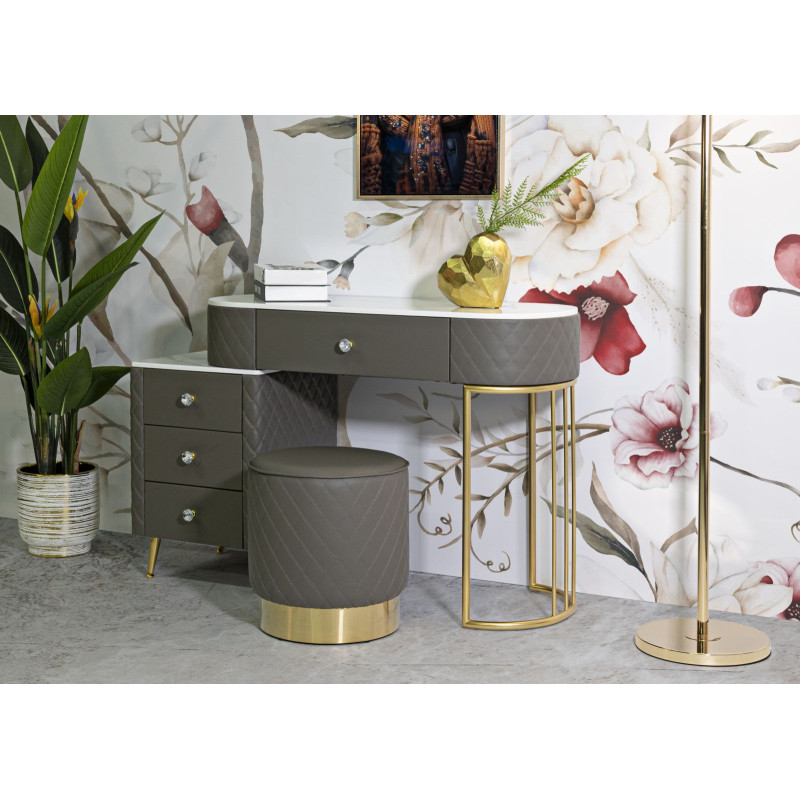 Coiffeuse moderne avec tabouret 4 tiroirs en Polyuréthane Gris Matelassé Bois MDF Métal Doré Sharon 