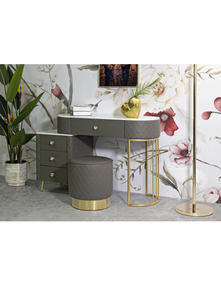 Coiffeuse moderne avec tabouret 4 tiroirs en Polyuréthane Gris Matelassé Bois MDF Métal Doré Sharon 
