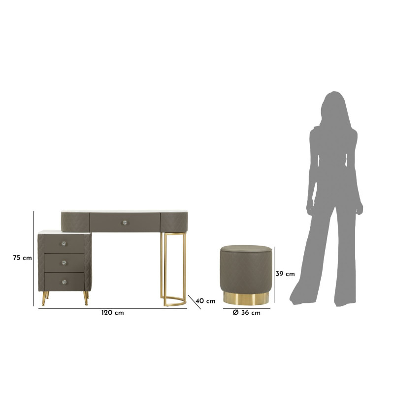 Coiffeuse moderne avec tabouret 4 tiroirs en Polyuréthane Gris Matelassé Bois MDF Métal Doré Sharon 
