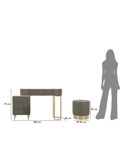 Coiffeuse moderne avec tabouret 4 tiroirs en Polyuréthane Gris Matelassé Bois MDF Métal Doré Sharon 