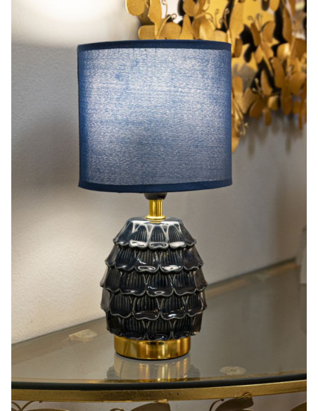 Lampe à poser moderne Hauteur 30 cm en Céramique Tissu Bleu foncé Métal Doré Pigny 