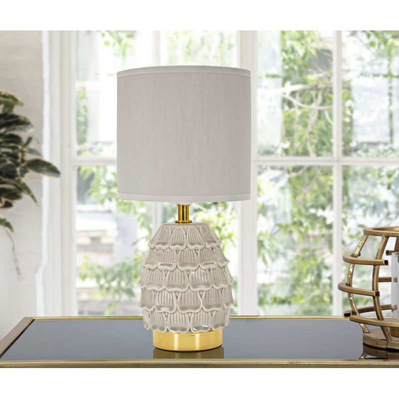 Lampe à poser moderne Hauteur 30 cm en Céramique Tissu Blanc crème Métal Doré Pigny 