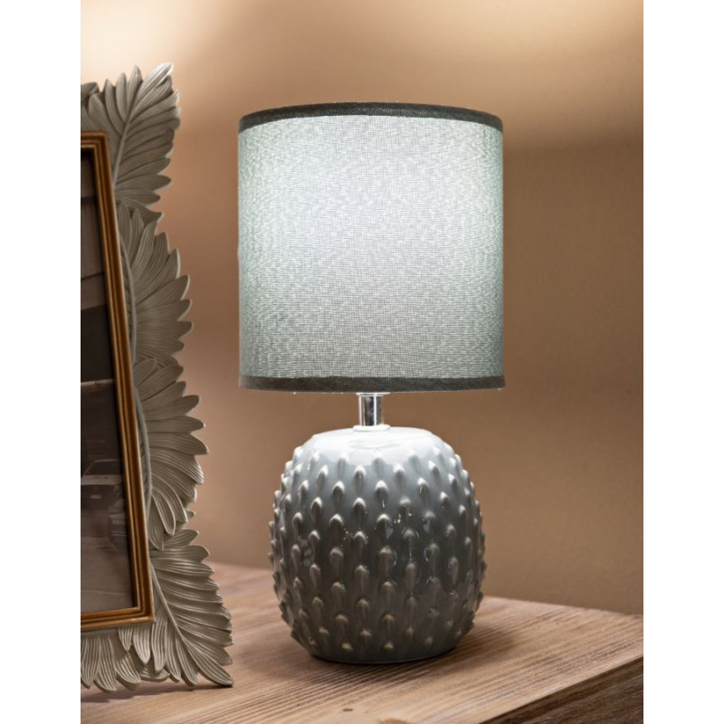 Petite Lampe à poser moderne Hauteur 27 cm en Céramique Tissu Bleu clair Métal Argenté Pontus 