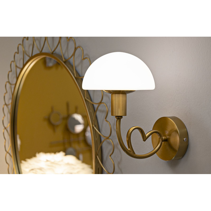 Applique murale Champignon Coeur Hauteur 22 cm en Verre Blanc Métal Doré Lovy 