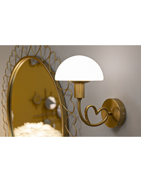 Applique murale Champignon Coeur Hauteur 22 cm en Verre Blanc Métal Doré Lovy 