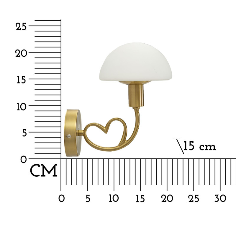 Applique murale Champignon Coeur Hauteur 22 cm en Verre Blanc Métal Doré Lovy 