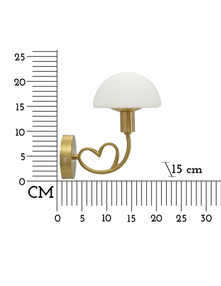 Applique murale Champignon Coeur Hauteur 22 cm en Verre Blanc Métal Doré Lovy 