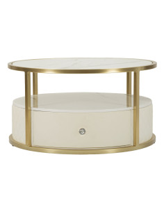 Table basse moderne chic Ronde 1 tiroir 1 étagère en Bois de pin Bois MDF Blanc Métal Doré Shanon 