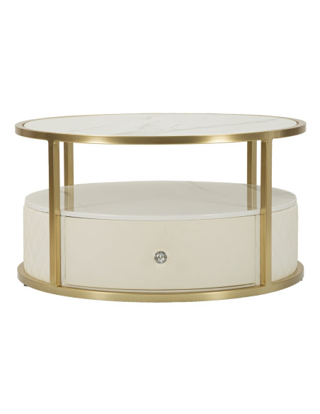 Table basse moderne chic Ronde 1 tiroir 1 étagère en Bois de pin Bois MDF Blanc Métal Doré Shanon 