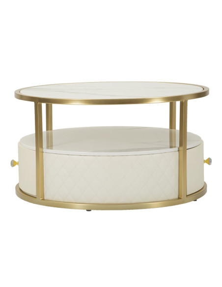 Table basse moderne chic Ronde 1 tiroir 1 étagère en Bois de pin Bois MDF Blanc Métal Doré Shanon 