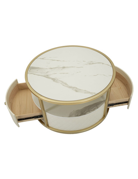 Table basse moderne chic Ronde 1 tiroir 1 étagère en Bois de pin Bois MDF Blanc Métal Doré Shanon 