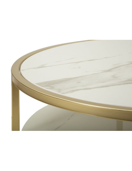 Table basse moderne chic Ronde 1 tiroir 1 étagère en Bois de pin Bois MDF Blanc Métal Doré Shanon 