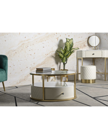 Table basse moderne chic Ronde 1 tiroir 1 étagère en Bois de pin Bois MDF Blanc Métal Doré Shanon 