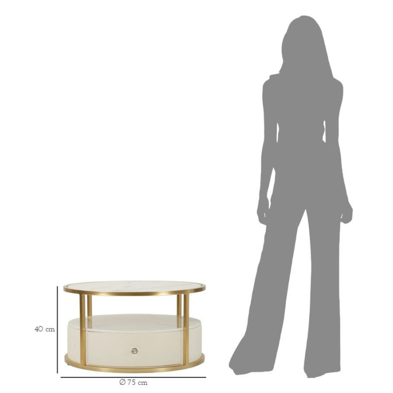 Table basse moderne chic Ronde 1 tiroir 1 étagère en Bois de pin Bois MDF Blanc Métal Doré Shanon 